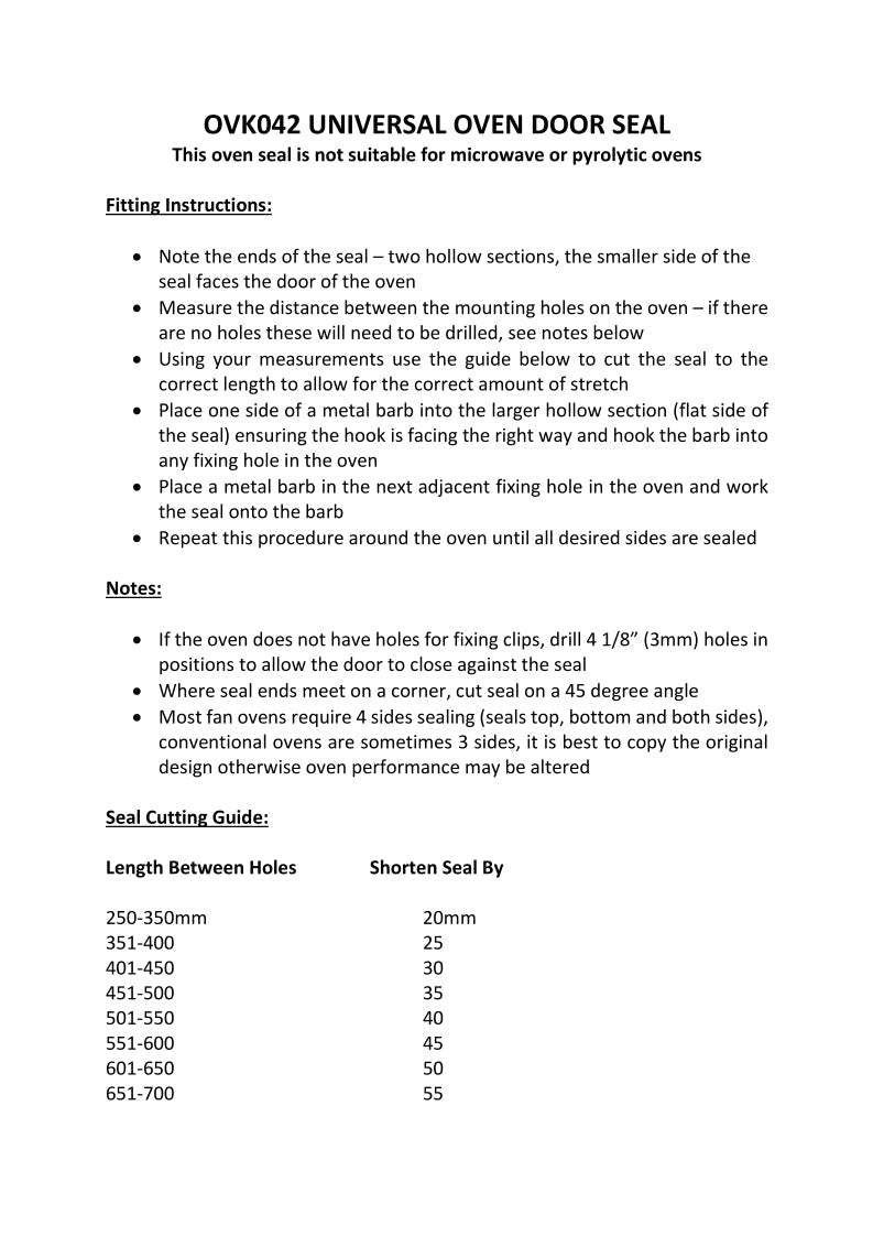 Seal Universal Oven Door Kit-Eurotech NZ